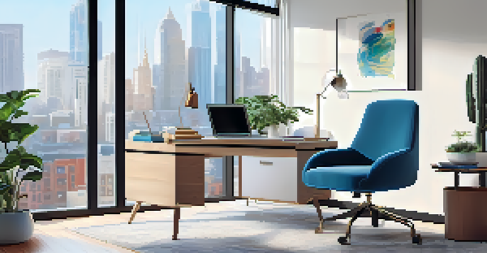 A bright modern home office with a laptop on a sleek desk, an ergonomic chair, and potted plants, illuminated by natural light from large windows overlooking a city.