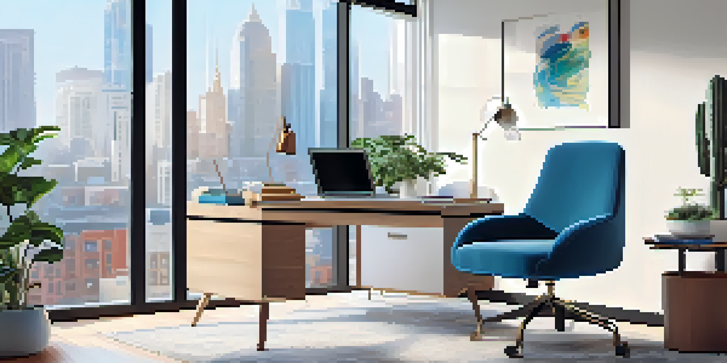 A bright modern home office with a laptop on a sleek desk, an ergonomic chair, and potted plants, illuminated by natural light from large windows overlooking a city.