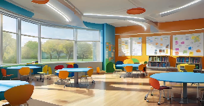 A bright, modern classroom with students sitting in a circular arrangement, collaborating on a project with interactive whiteboards in the background.