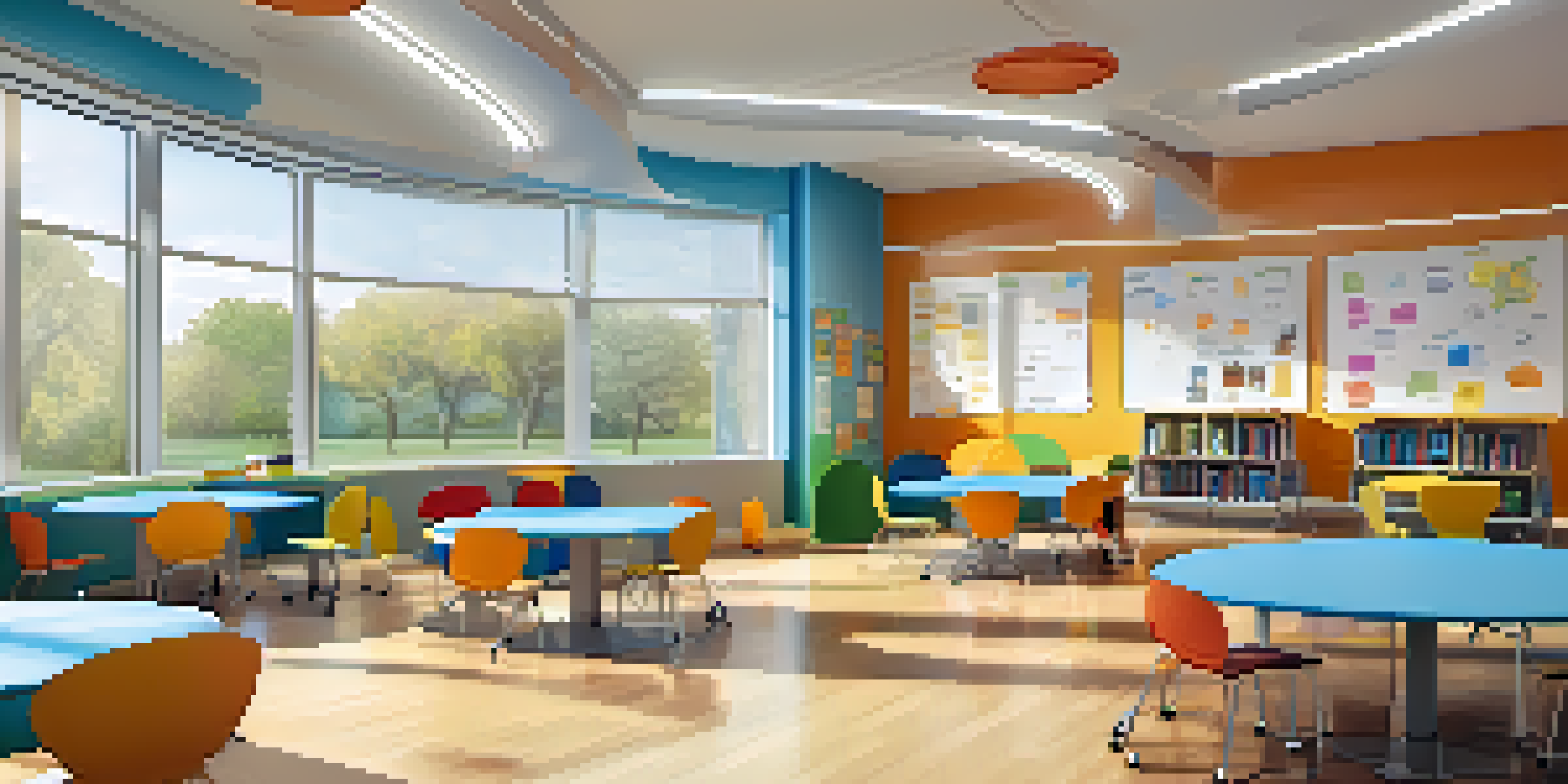 A bright, modern classroom with students sitting in a circular arrangement, collaborating on a project with interactive whiteboards in the background.