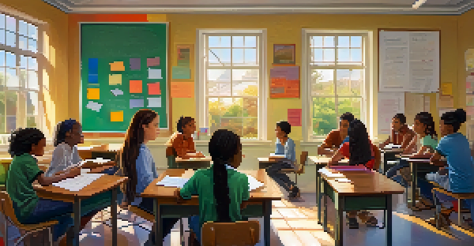A classroom filled with diverse students working together on math problems, with one explaining a concept and the other listening, bathed in natural sunlight.