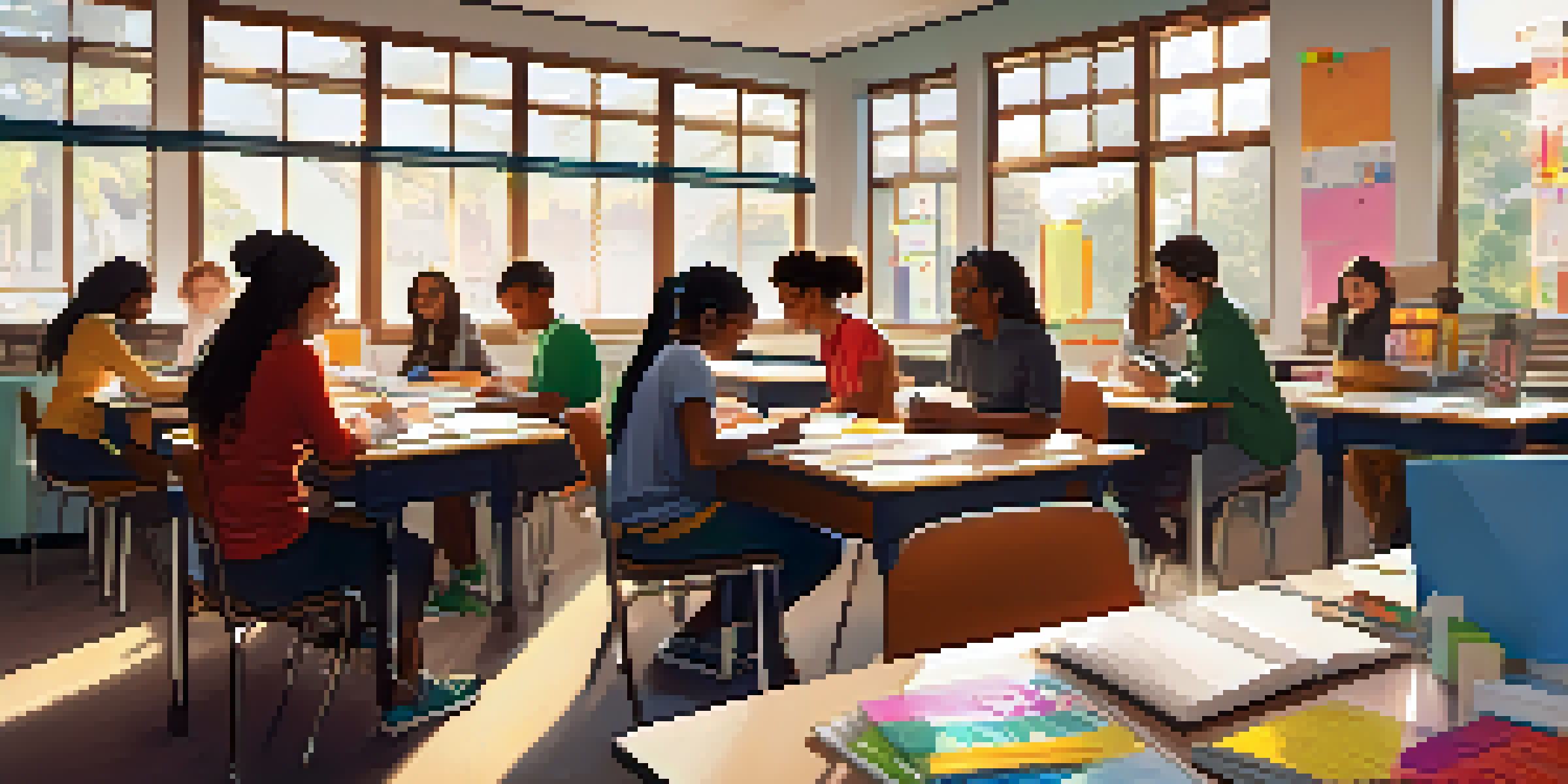 A diverse group of students collaborating in a bright modern classroom full of educational materials.