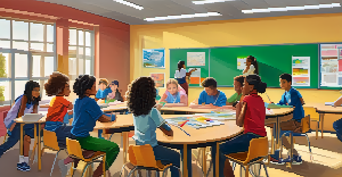 A diverse group of students working together at a round table in a colorful classroom, with various learning materials around them.