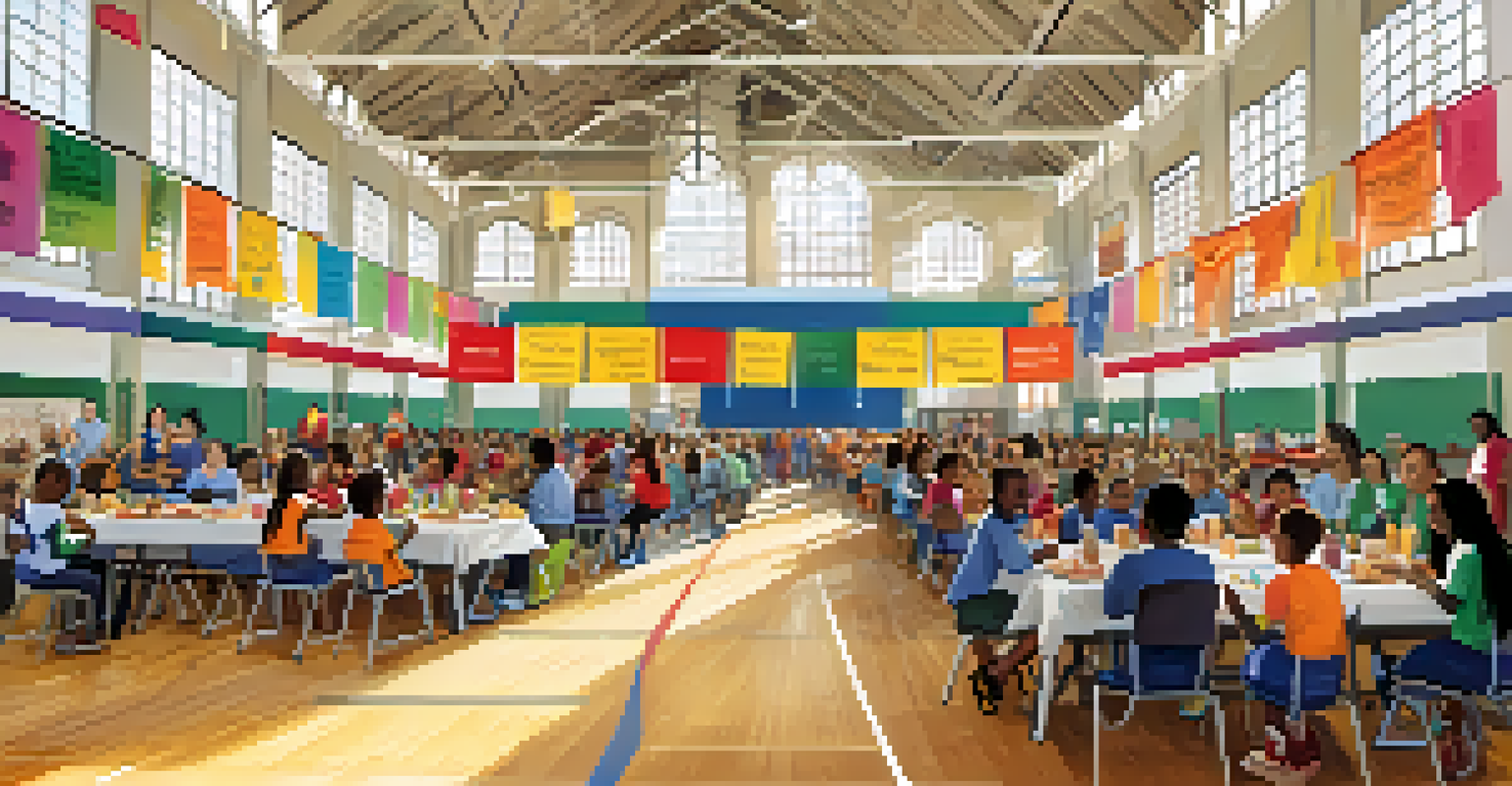 A community event in a school gymnasium with families and leaders discussing educational equity, surrounded by banners and tables of resources.