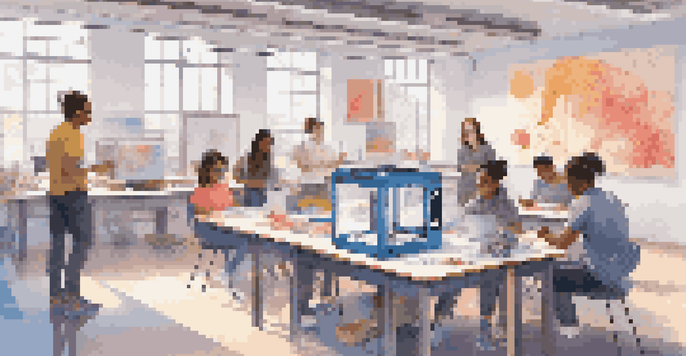 Students collaborating in a bright classroom around a 3D printer, discussing designs with colorful prototypes on the table.