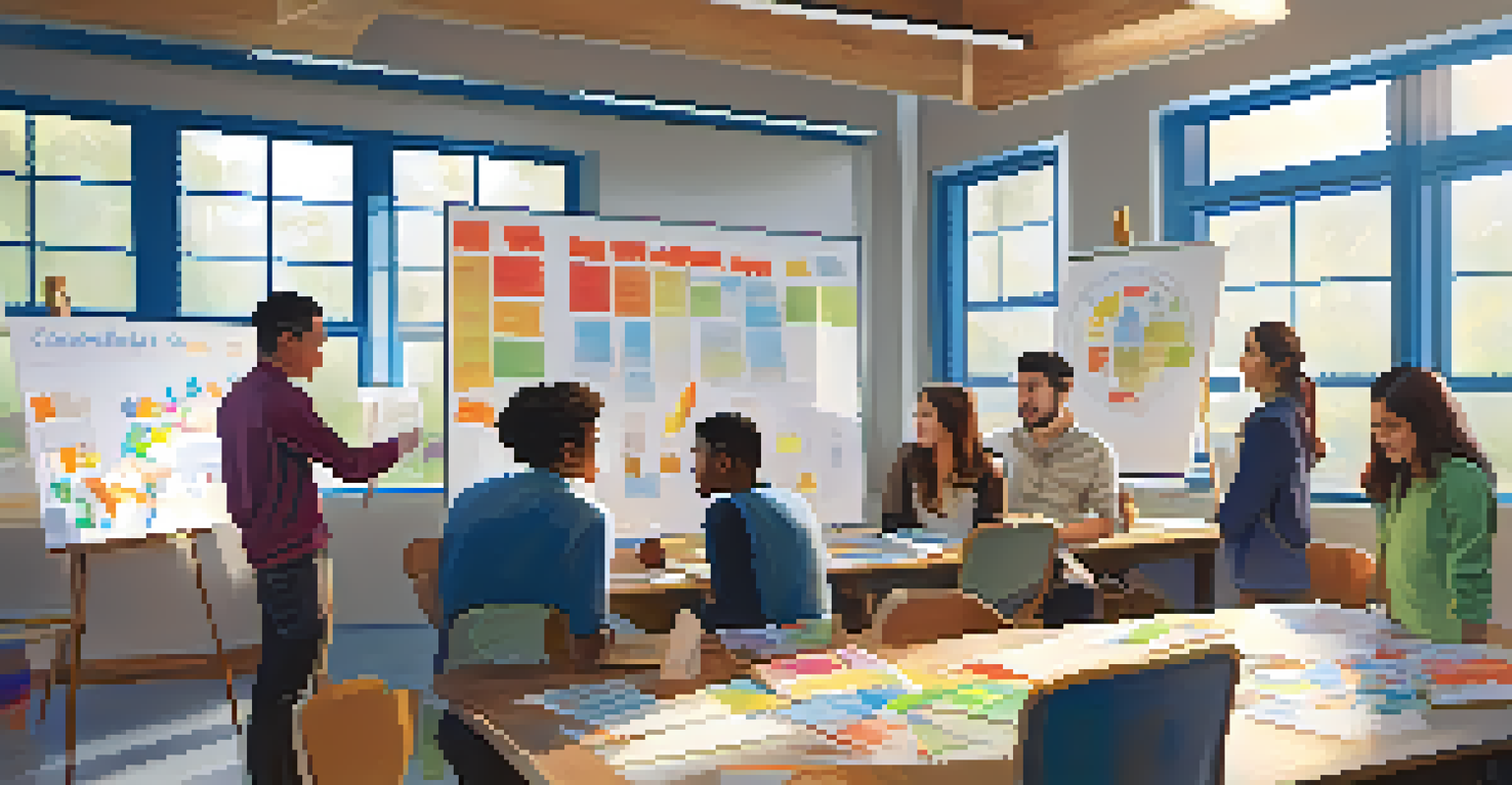 Students in a classroom working together on a community project, with materials and diagrams on a whiteboard, illuminated by natural light.