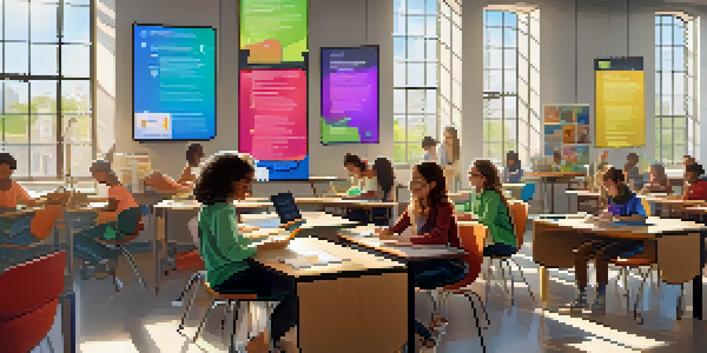A bright modern classroom with diverse students using digital devices, engaging in collaborative learning.