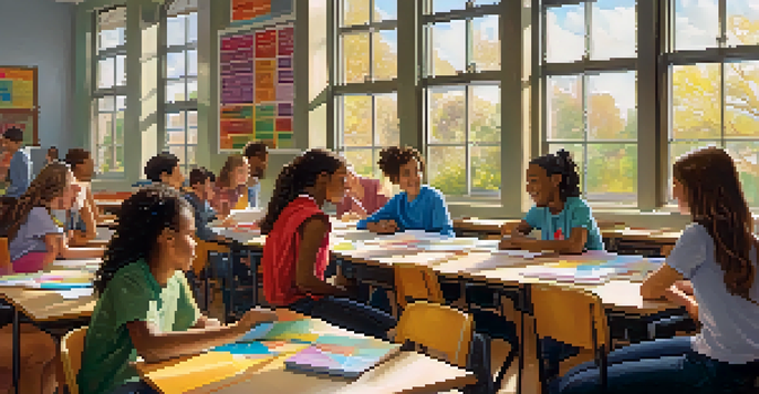 A lively classroom where students of different backgrounds collaborate around a round table, sharing ideas and working on projects under bright natural light.