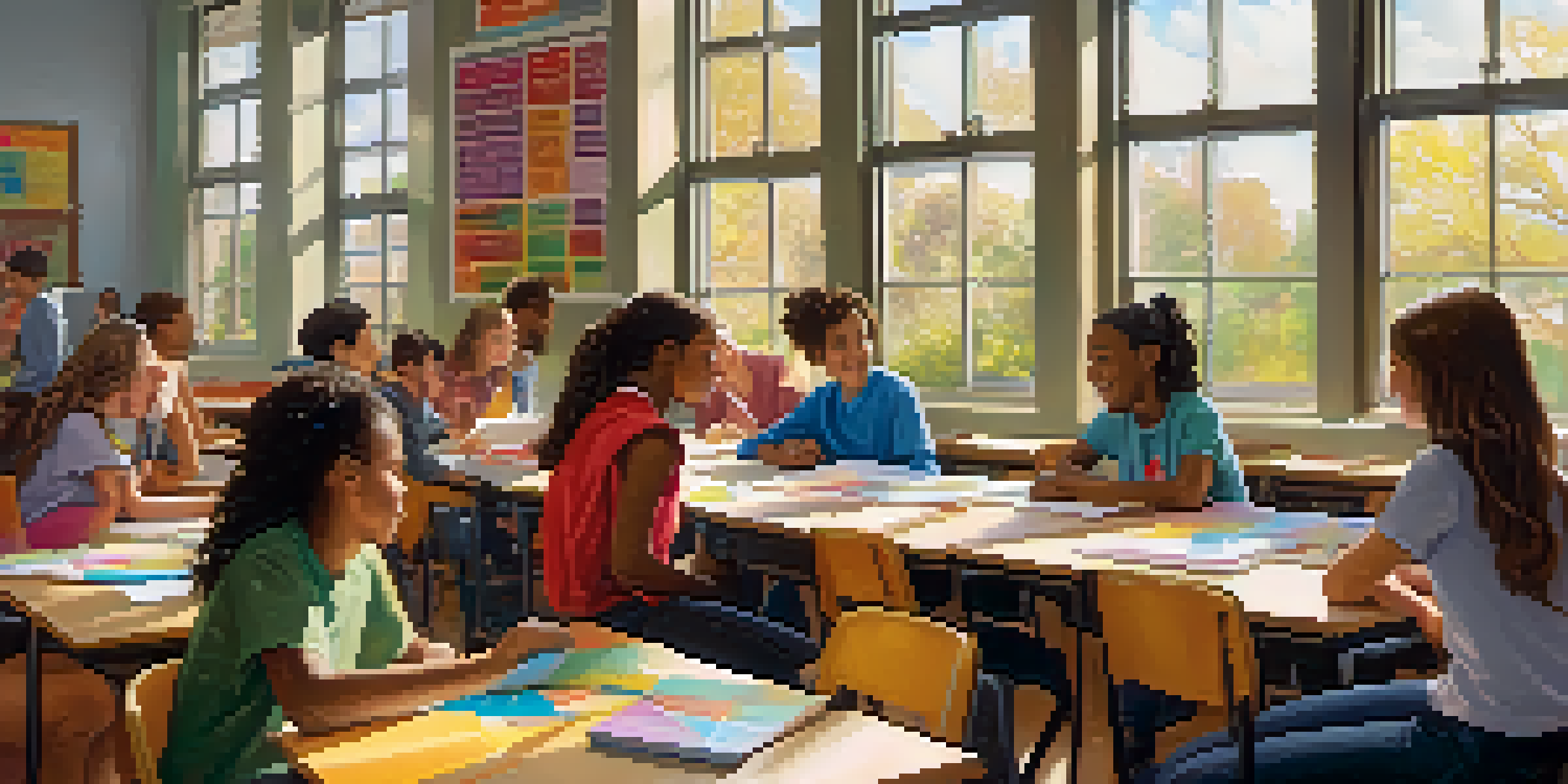 A lively classroom where students of different backgrounds collaborate around a round table, sharing ideas and working on projects under bright natural light.