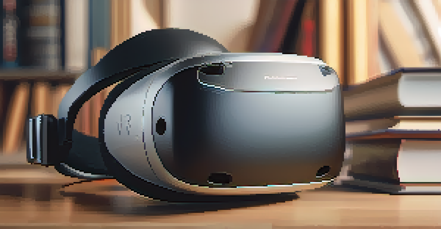 A close-up of a virtual reality headset on a desk amid books and educational materials, highlighting the integration of technology in learning.