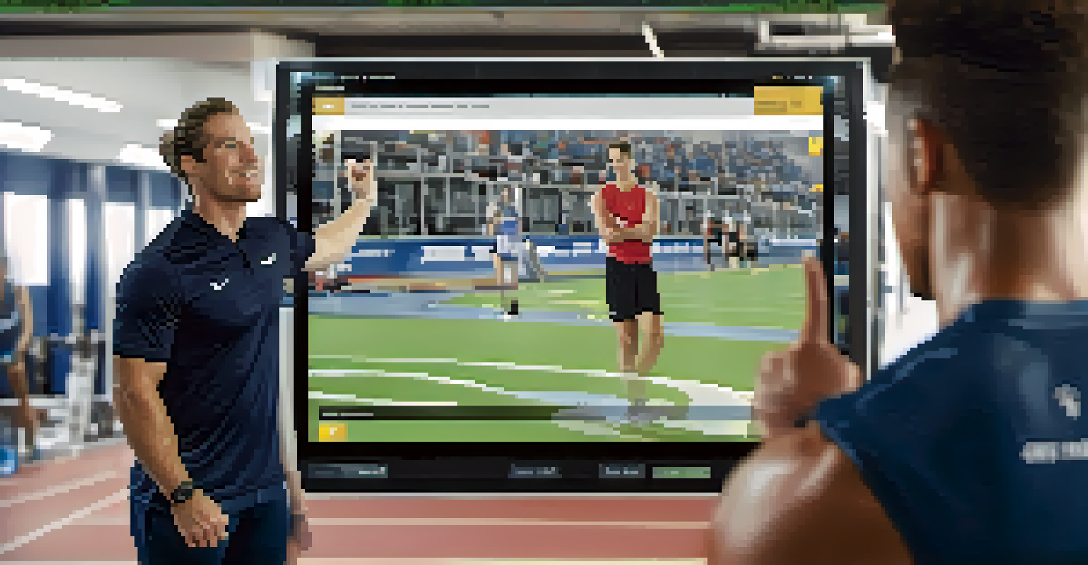 An athlete receiving feedback from a coach, looking focused during a training session with performance metrics displayed.