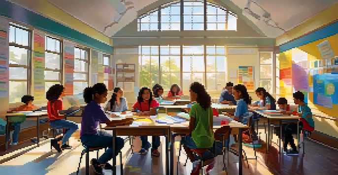 A diverse group of students working together in a colorful classroom, engaging in a collaborative project with sunlight streaming in.