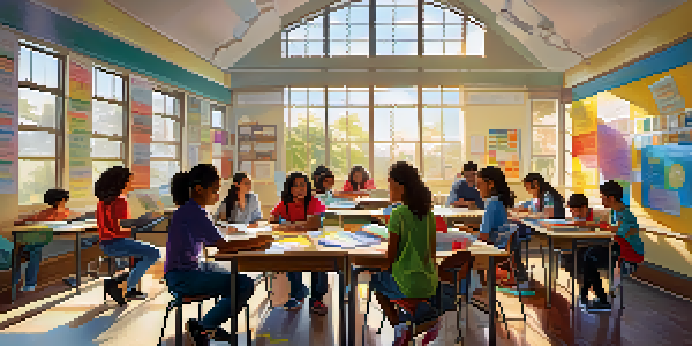 A diverse group of students working together in a colorful classroom, engaging in a collaborative project with sunlight streaming in.