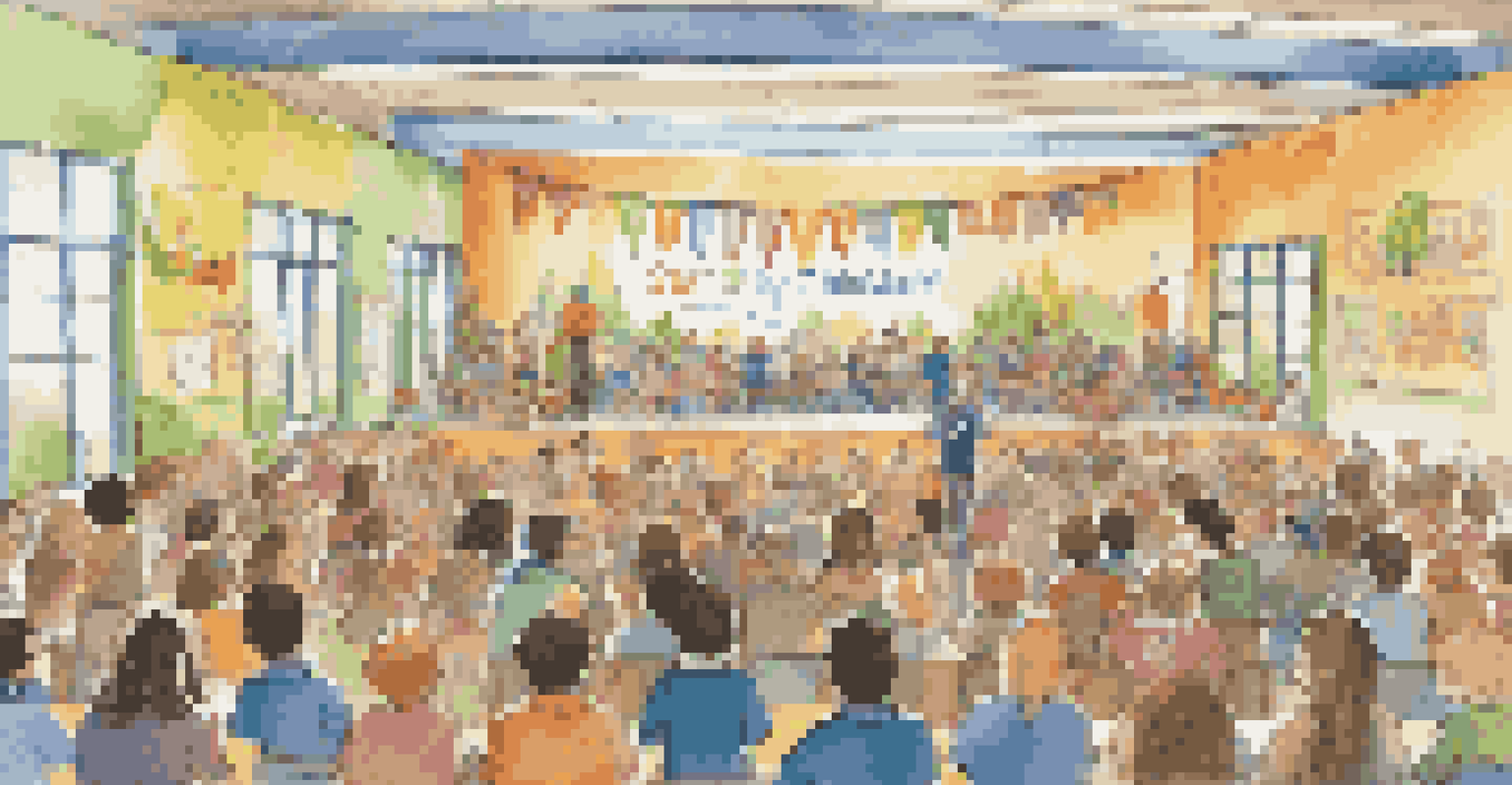 A school assembly celebrating sustainability achievements, with students receiving awards on stage and a decorated hall full of enthusiastic parents and teachers.