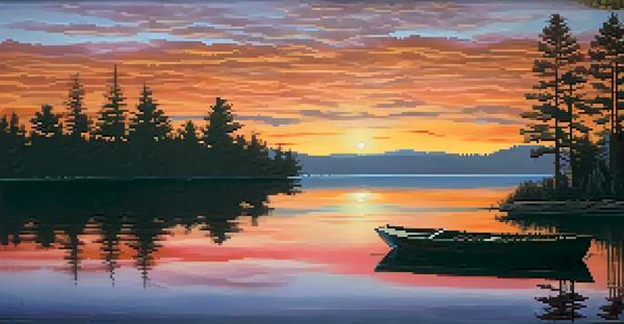 A tranquil sunset over a calm lake with colorful reflections, framed by silhouetted trees and a small boat in the foreground.