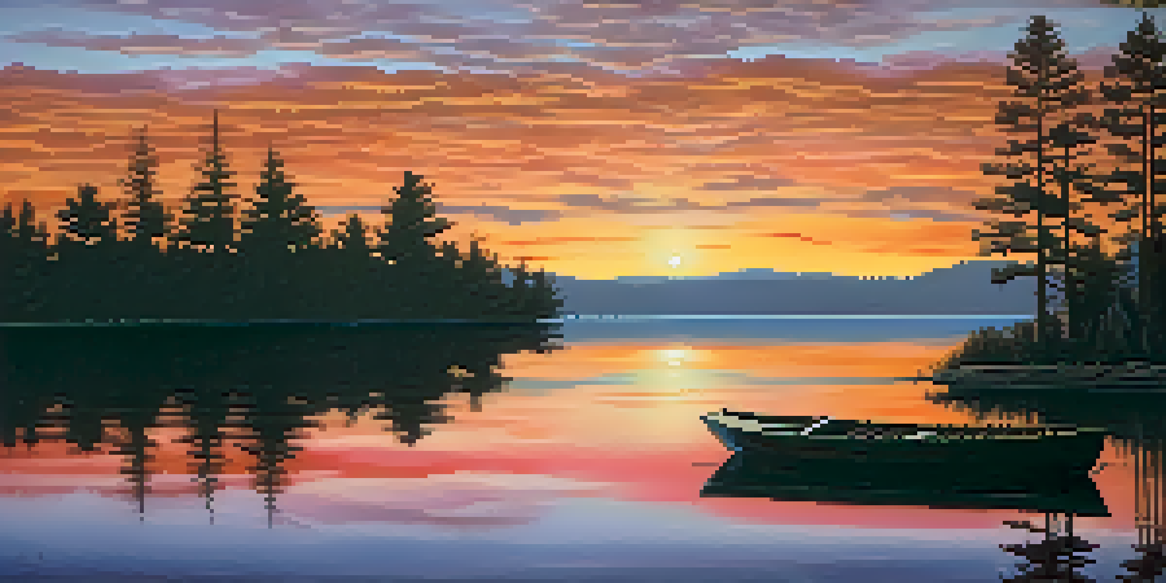 A tranquil sunset over a calm lake with colorful reflections, framed by silhouetted trees and a small boat in the foreground.