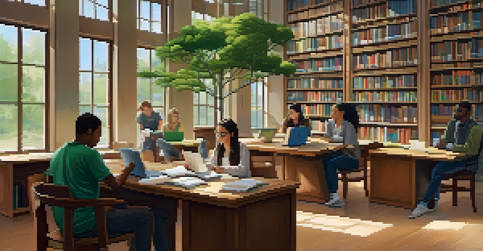 A bright library where people are learning in different ways, including reading and using laptops, surrounded by bookshelves and plants.