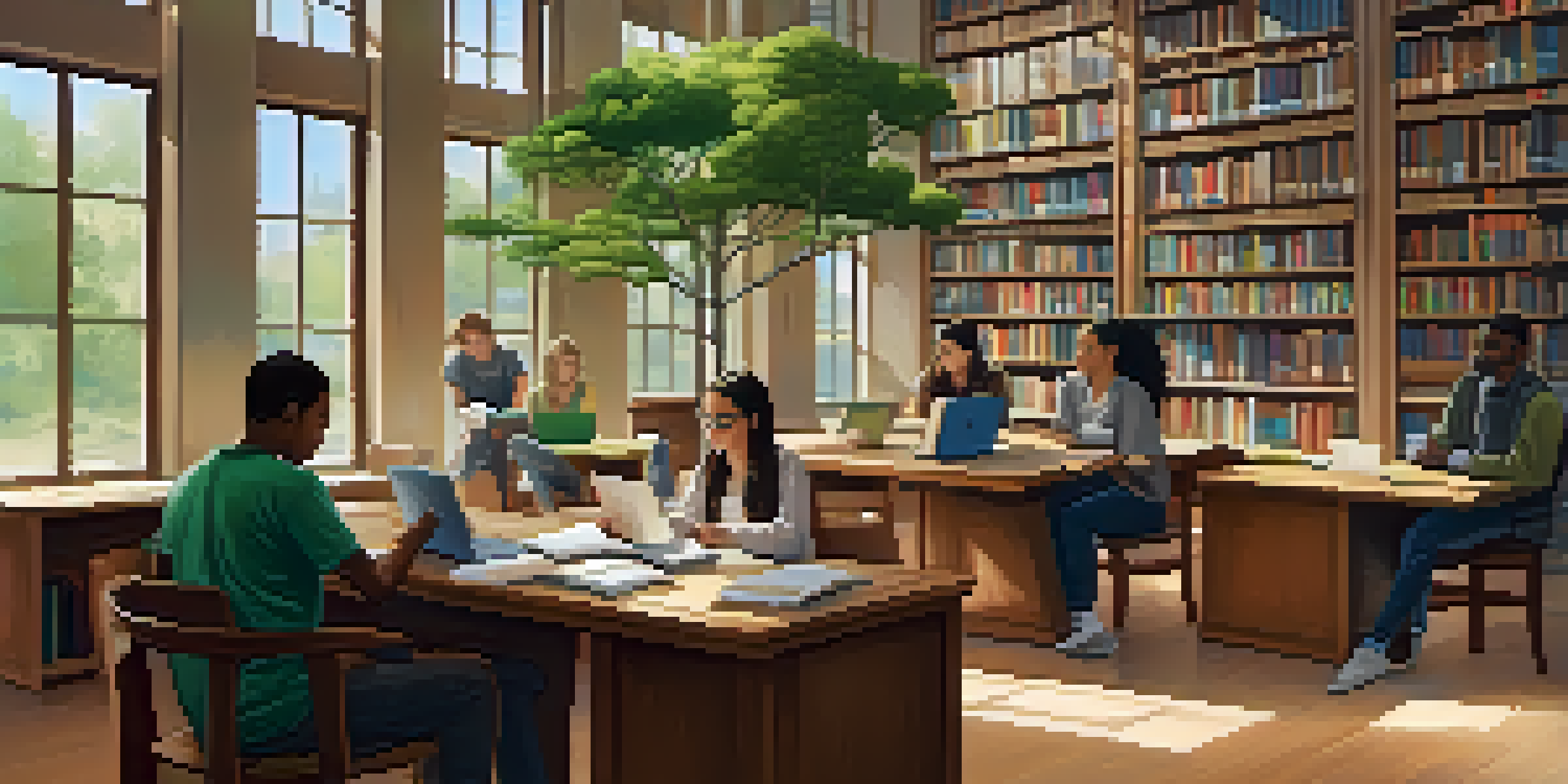 A bright library where people are learning in different ways, including reading and using laptops, surrounded by bookshelves and plants.