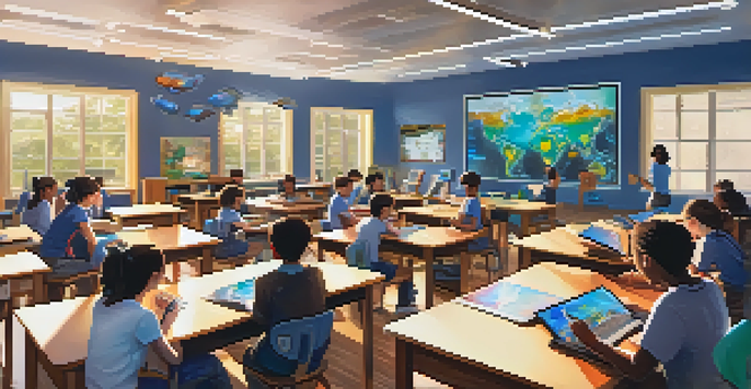 Students in a bright classroom wearing Virtual Reality headsets, interacting with 3D objects for learning.