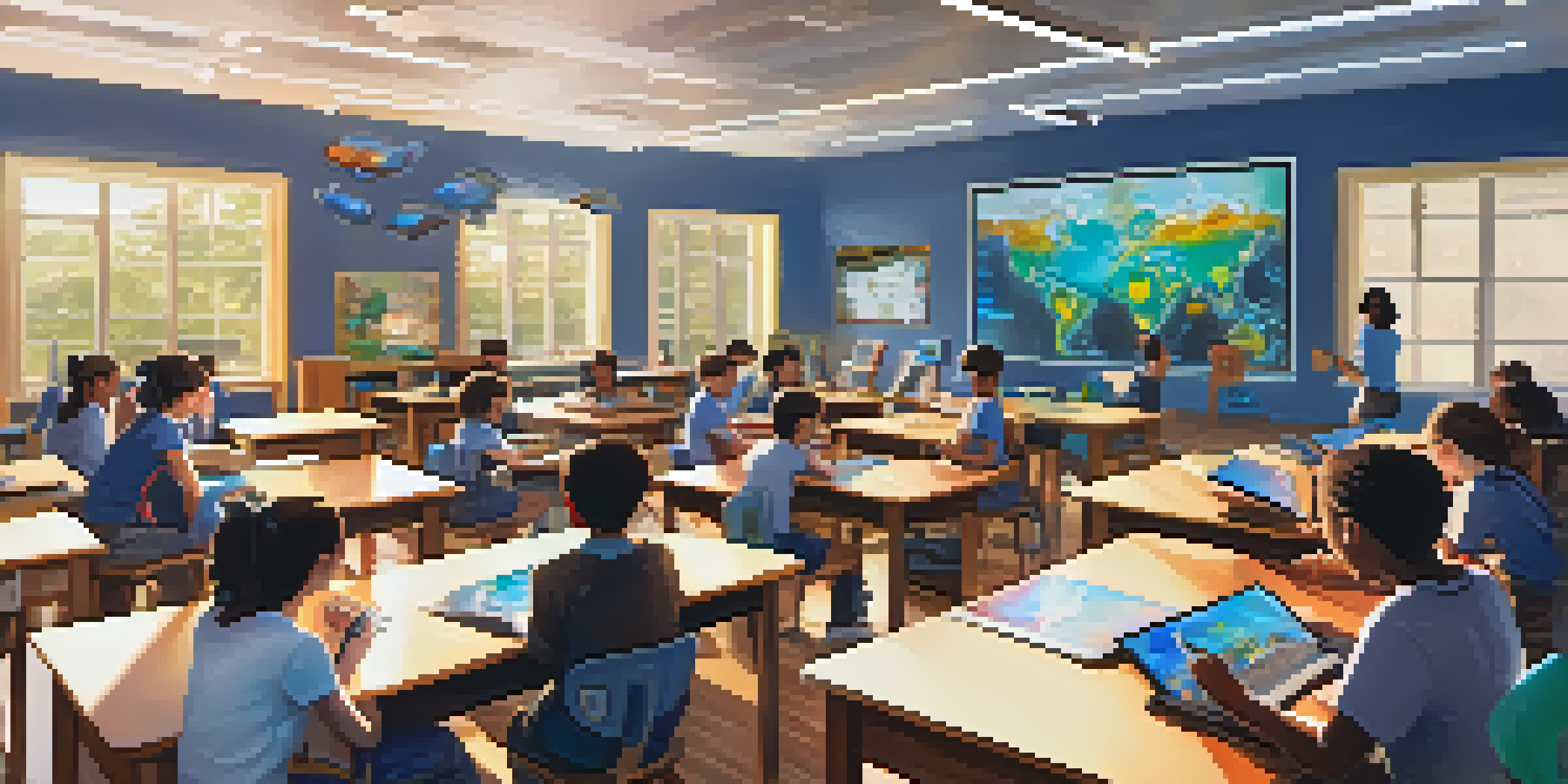 Students in a bright classroom wearing Virtual Reality headsets, interacting with 3D objects for learning.