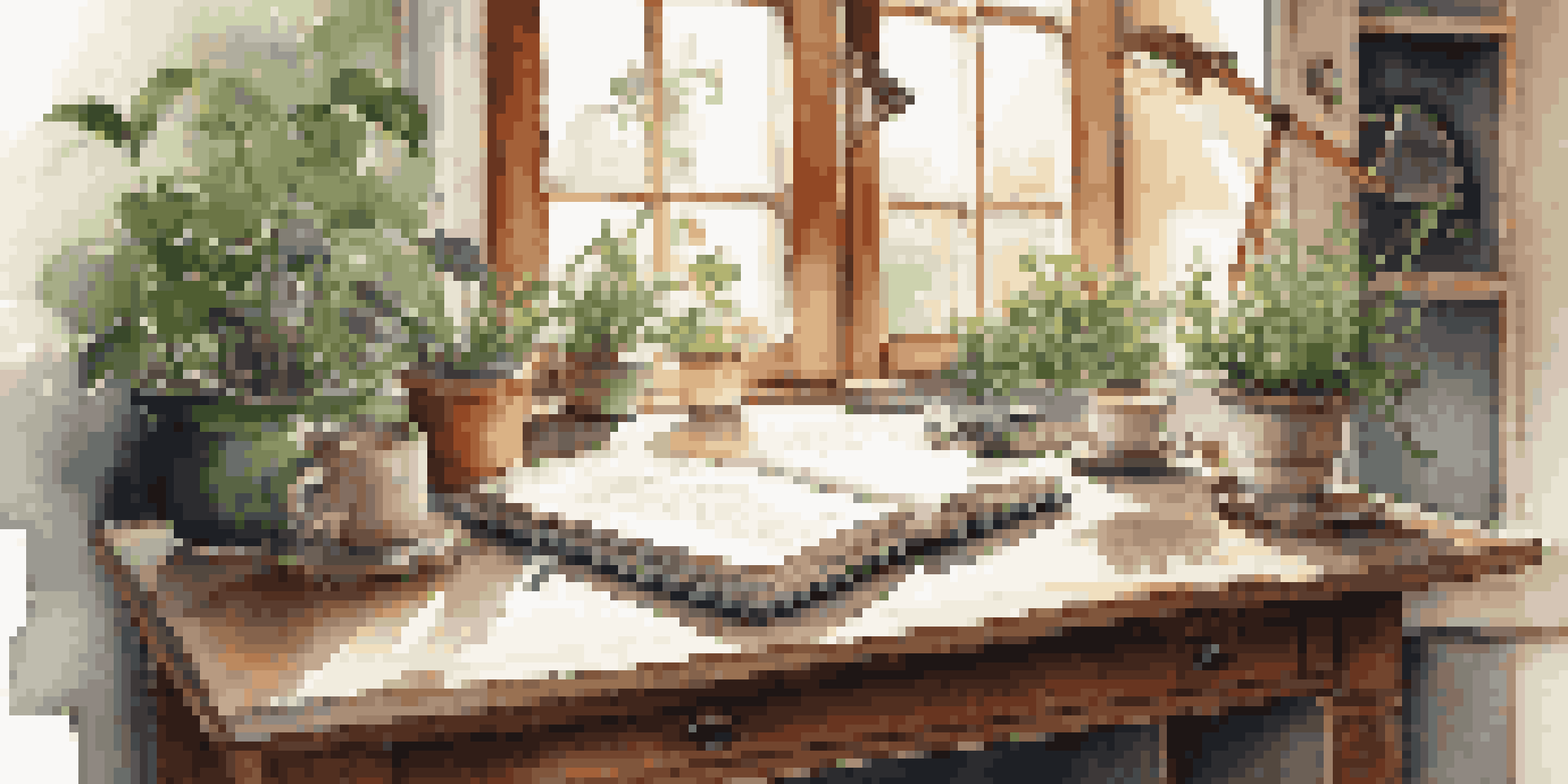 A bright and calming study area with a wooden desk, an open journal, green plants, and a cup of tea, illuminated by sunlight.