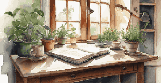 A bright and calming study area with a wooden desk, an open journal, green plants, and a cup of tea, illuminated by sunlight.