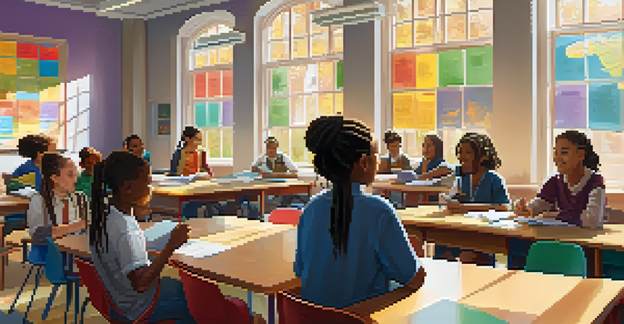 A diverse classroom where students of different backgrounds are collaborating on a project, with a teacher facilitating the discussion.