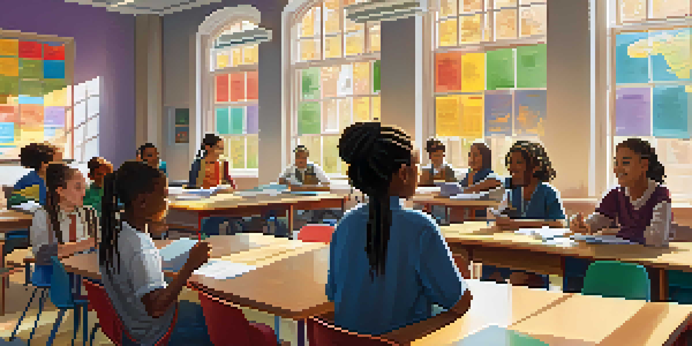 A diverse classroom where students of different backgrounds are collaborating on a project, with a teacher facilitating the discussion.