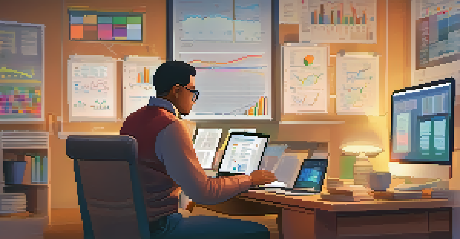 An educator reviewing data on a laptop with graphs and charts visible on a screen in a cozy office.