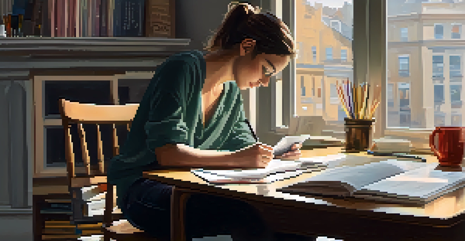 A person reviewing their digital portfolio on a tablet at a desk, surrounded by notes and a coffee cup in a well-lit workspace.