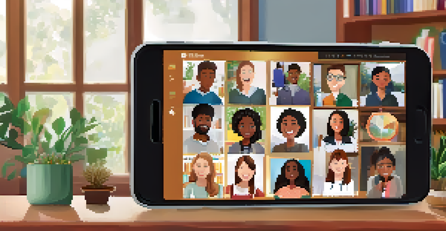 A smartphone screen showing a virtual classroom with diverse learners participating in a video conference.