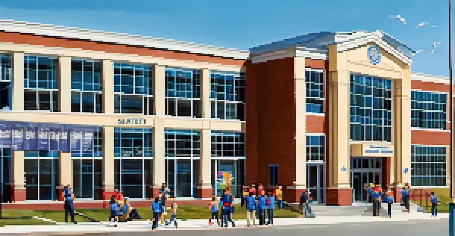 An exterior view of a school during a safety drill with parents and local law enforcement working together for student safety.