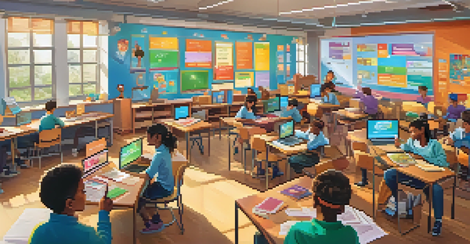 A lively classroom filled with diverse students actively participating in a gamified learning experience, with colorful educational materials and digital screens visible.