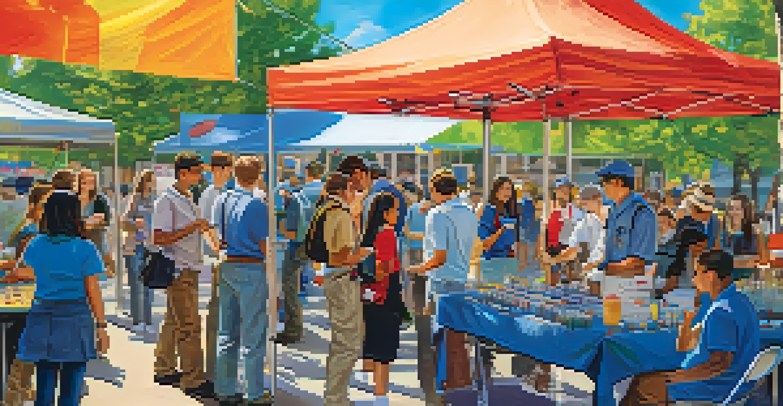 Students interacting with local professionals at a career exploration event with colorful booths and a sunny sky.