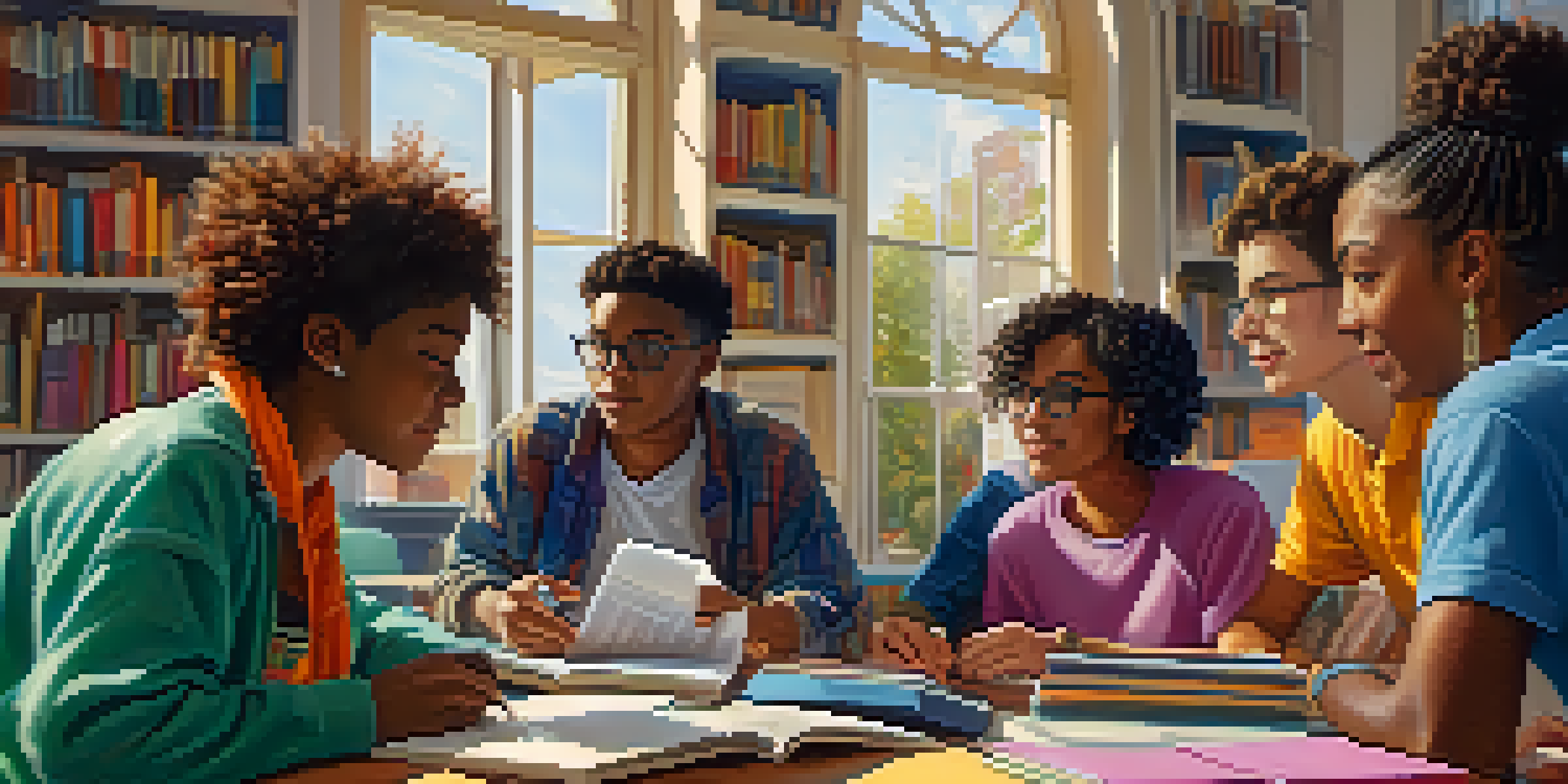A diverse group of students working together at a table, surrounded by books and laptops, engaged in lively discussion with bright, natural lighting.