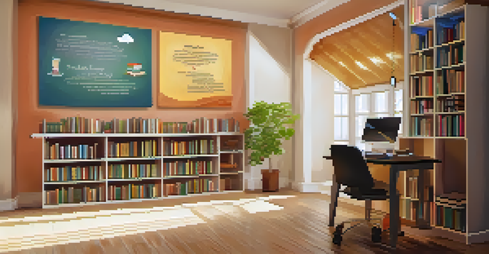 A person reading a book at a wooden desk in a cozy home study, surrounded by books and soft lighting.