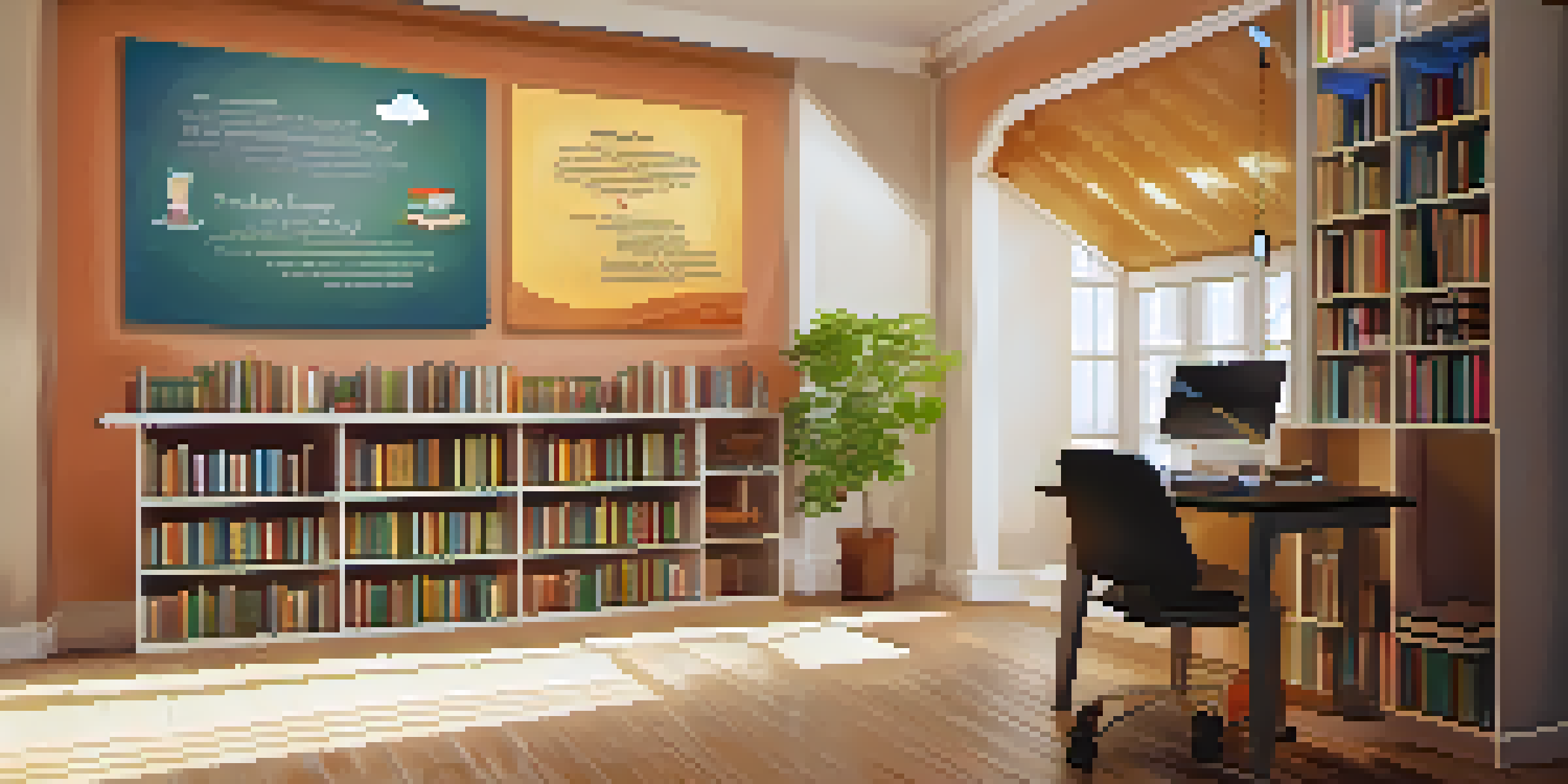 A person reading a book at a wooden desk in a cozy home study, surrounded by books and soft lighting.