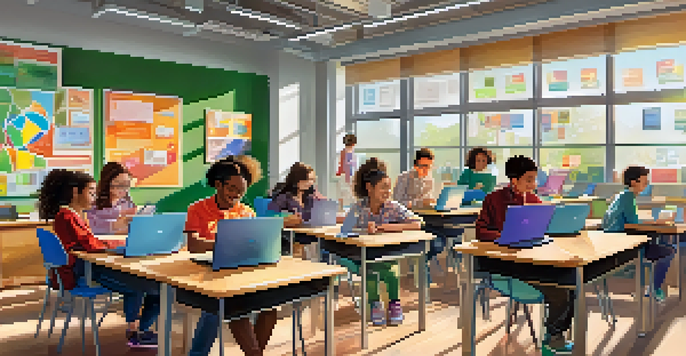 A bright classroom with students collaborating using laptops and tablets, while a teacher facilitates the learning process.