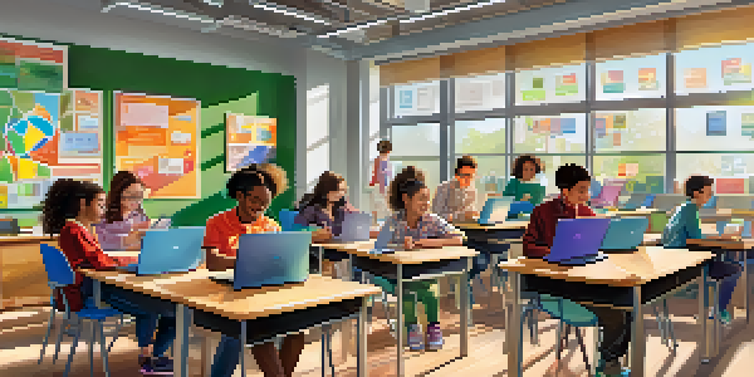 A bright classroom with students collaborating using laptops and tablets, while a teacher facilitates the learning process.