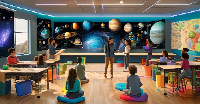 A bright classroom filled with students of diverse backgrounds interacting with colorful 3D holograms of planets and stars.