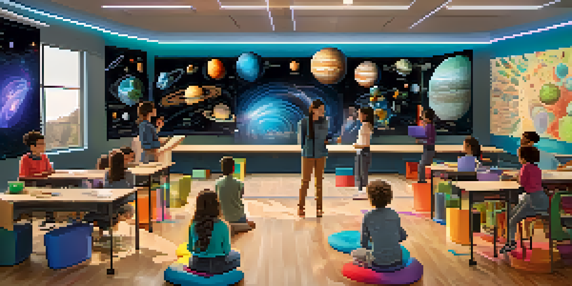 A bright classroom filled with students of diverse backgrounds interacting with colorful 3D holograms of planets and stars.