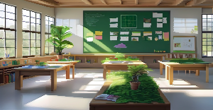 A bright and eco-friendly classroom filled with natural light, featuring student art made from recycled materials and a large potted plant.