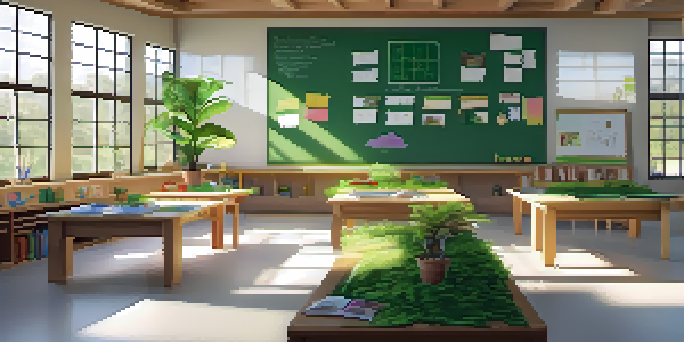 A bright and eco-friendly classroom filled with natural light, featuring student art made from recycled materials and a large potted plant.