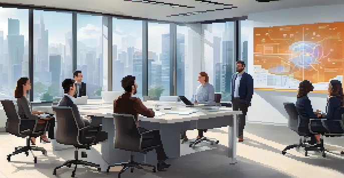 A diverse group of professionals in a bright office discussing AI ethics, with a large screen showing AI data.