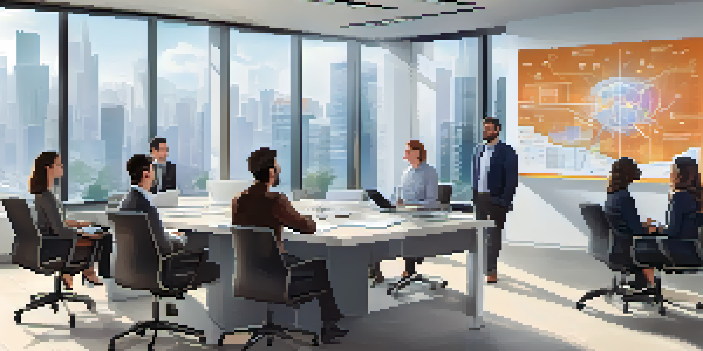 A diverse group of professionals in a bright office discussing AI ethics, with a large screen showing AI data.