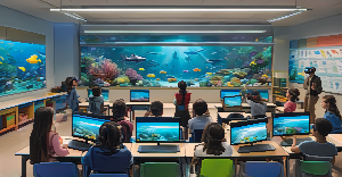 A modern classroom with students wearing VR headsets, exploring an underwater ecosystem, while a teacher guides them.