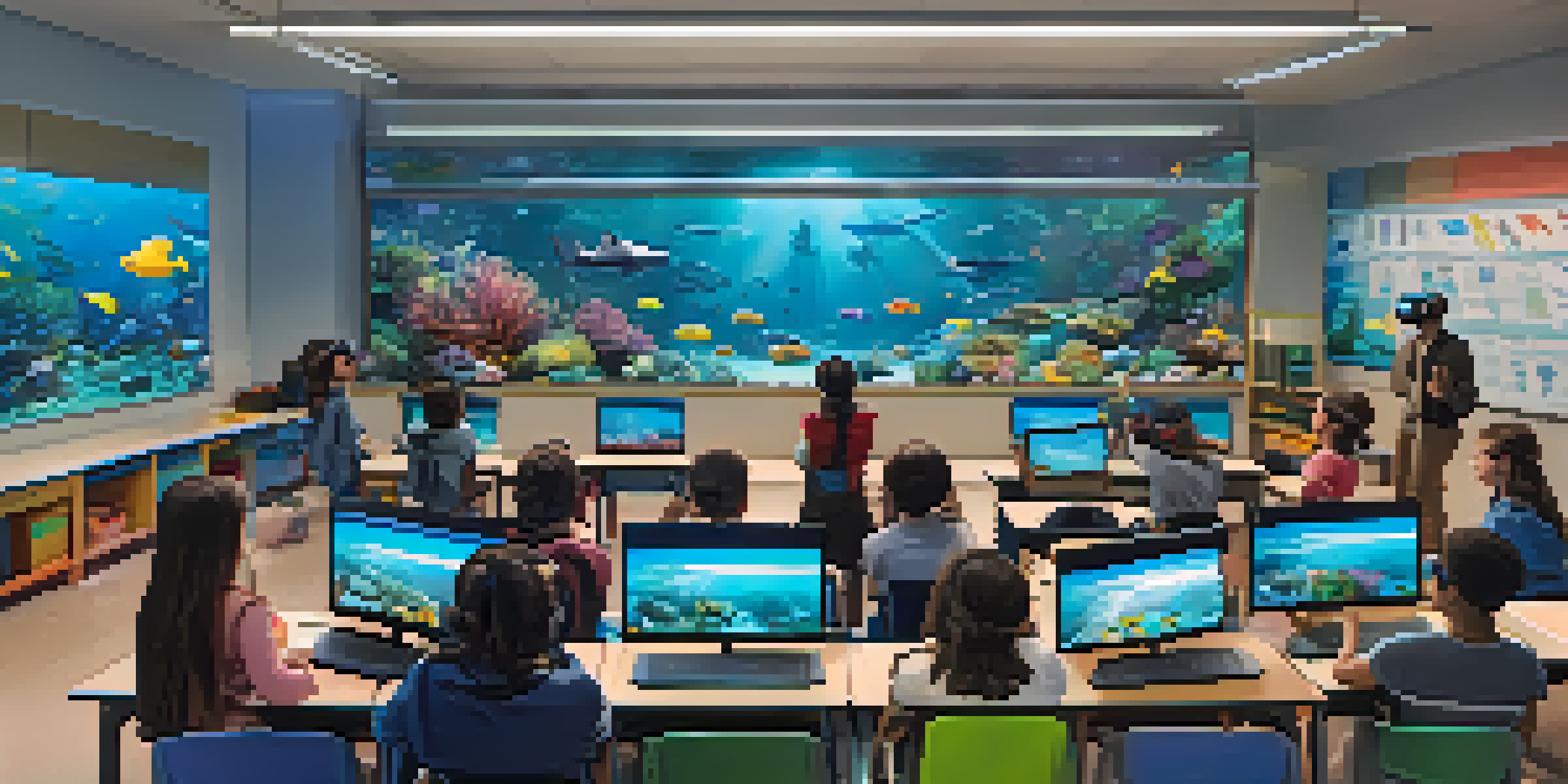 A modern classroom with students wearing VR headsets, exploring an underwater ecosystem, while a teacher guides them.