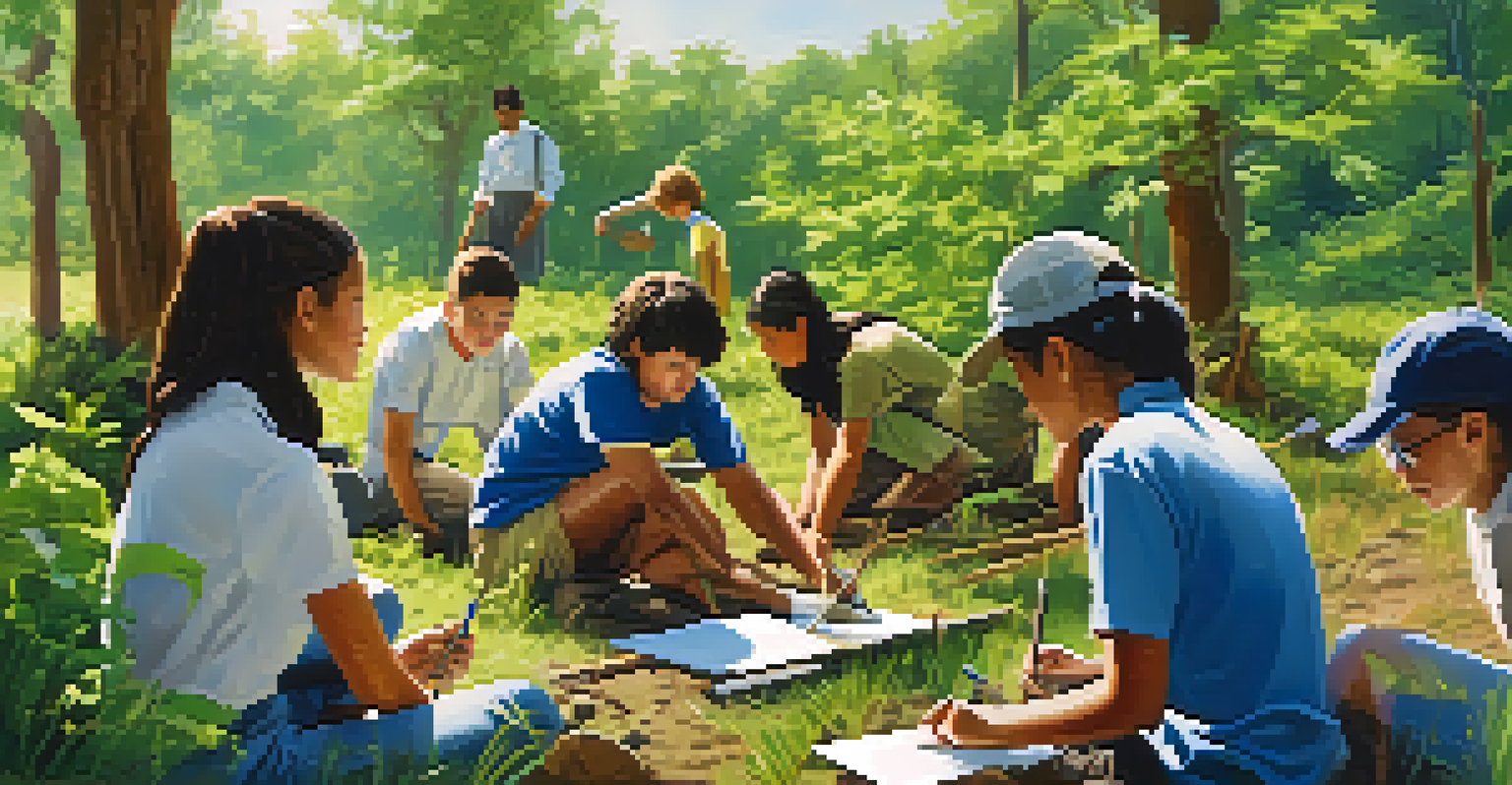 Students participating in an outdoor workshop, planting trees and discussing environmental science in a natural setting.