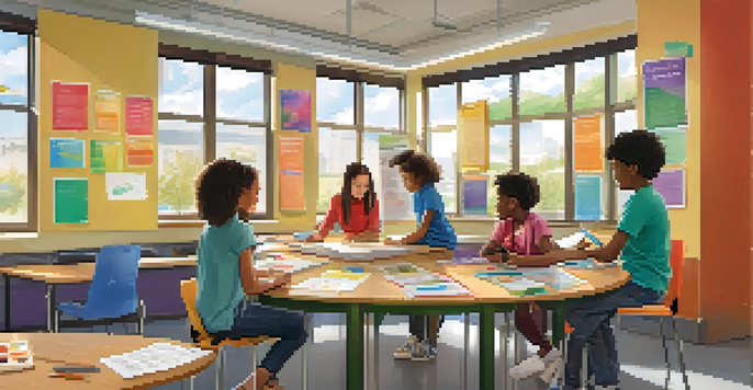A lively classroom with students participating in different learning activities, including using tablets and collaborating in groups, under bright natural light.