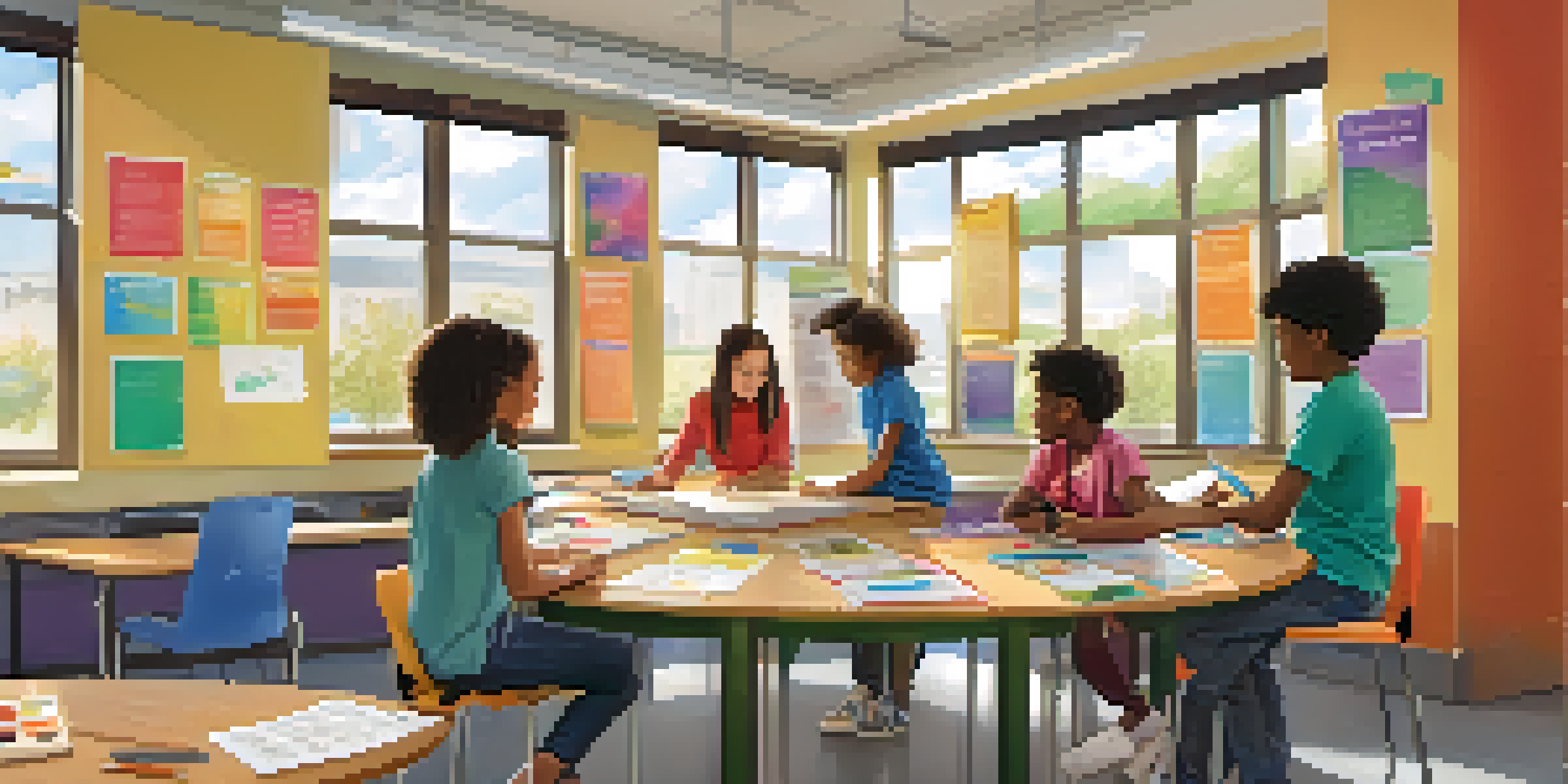 A lively classroom with students participating in different learning activities, including using tablets and collaborating in groups, under bright natural light.